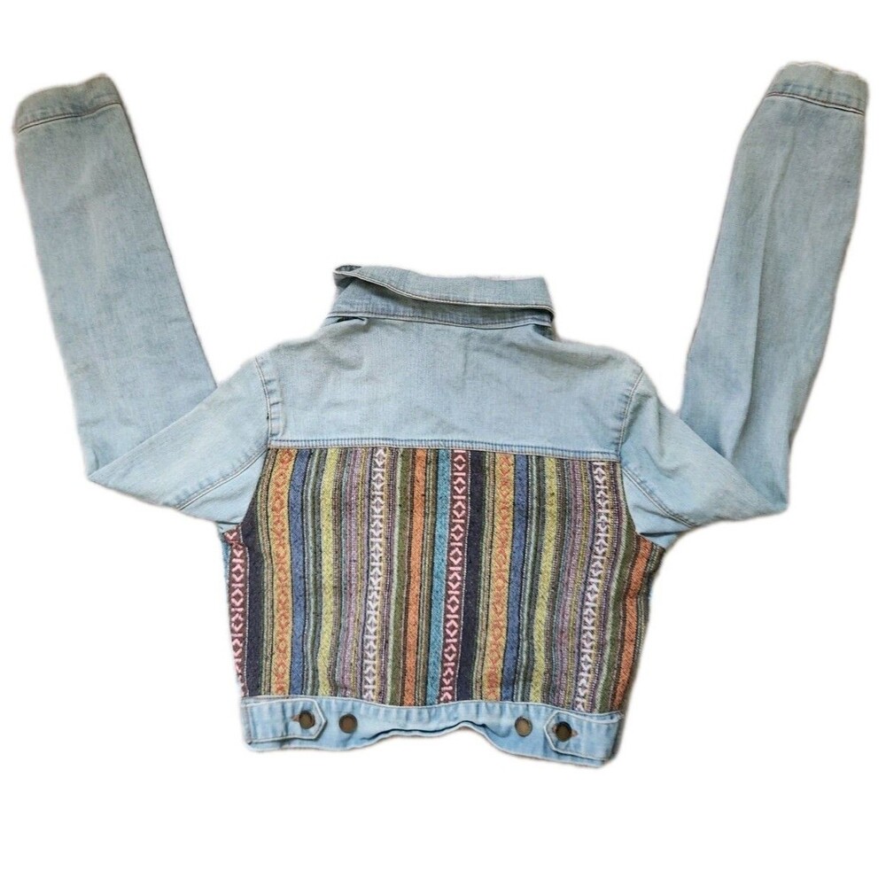 Life in Progress Cropped Denim Jacket Womens Medium Light Wash Boho Aztec GUC - Picture 1 of 11
